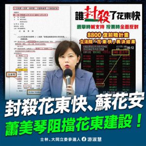 游淑慧轟蕭美琴曾擋東部這建設 赤裸裸出賣花蓮人