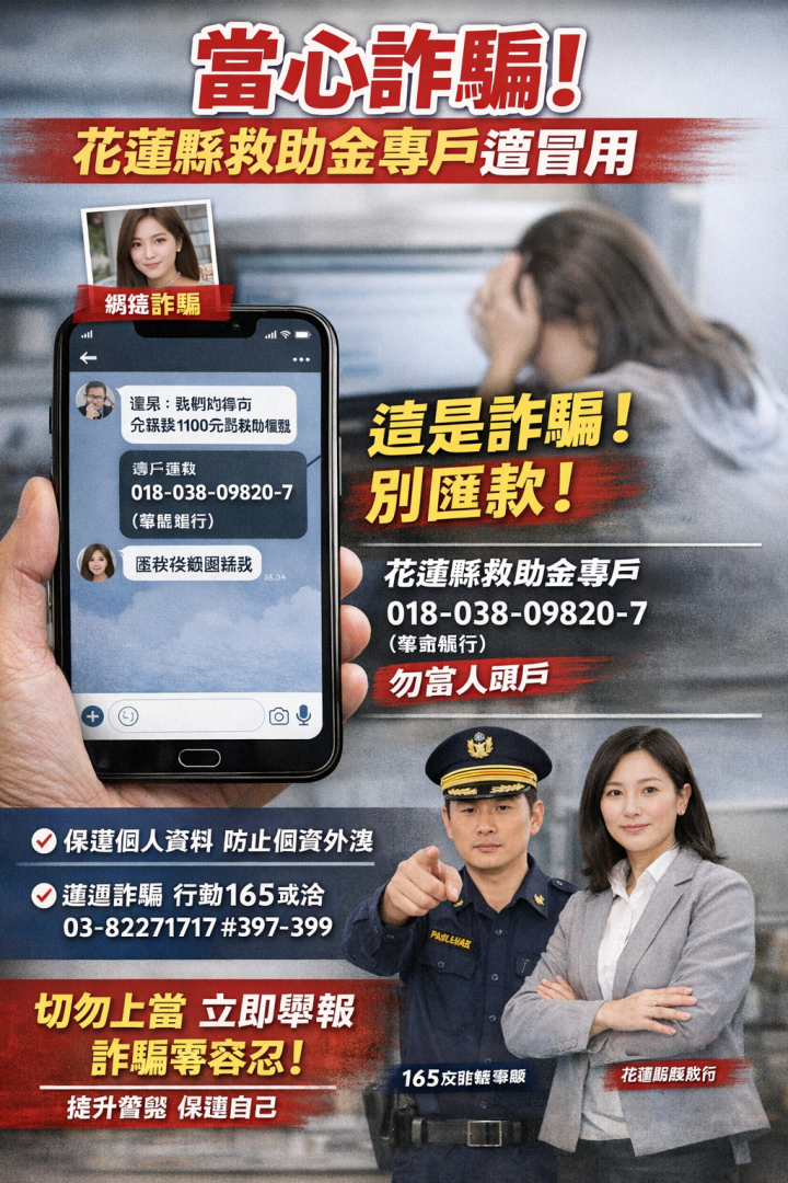 籲請鄉親提高警覺    有不肖人士利用花蓮縣救助金專戶詐騙缩略图