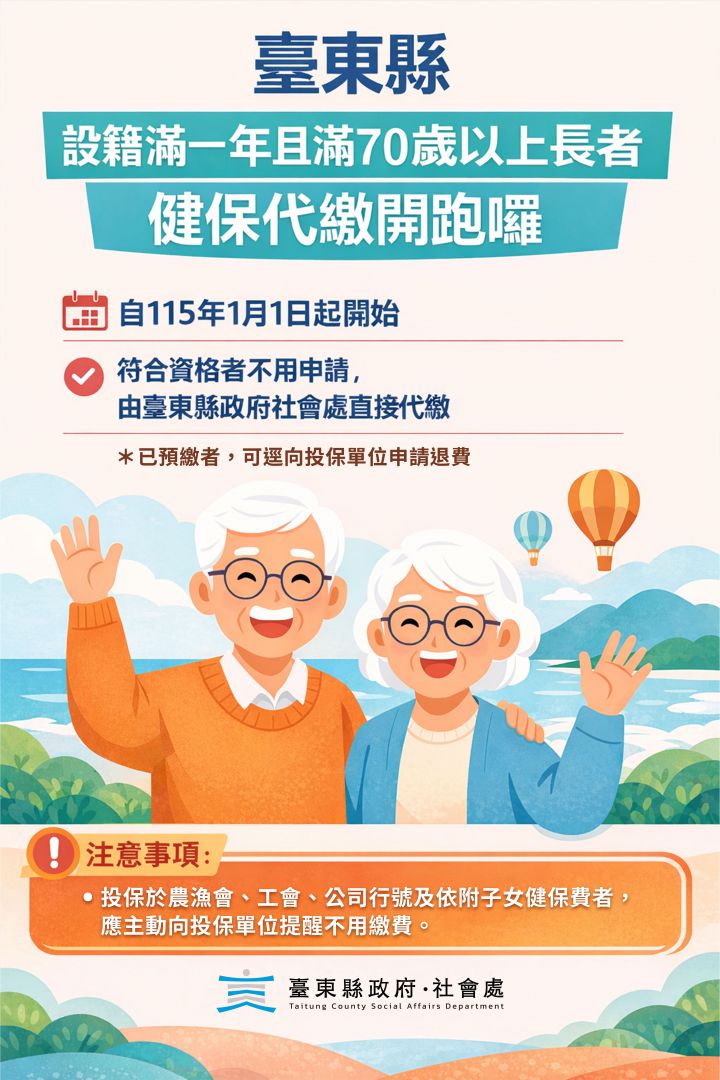 臺東縣敬老政策再加1    縣長饒慶鈴宣布    70歲以上設籍滿一年  縣府主動代繳健保費缩略图