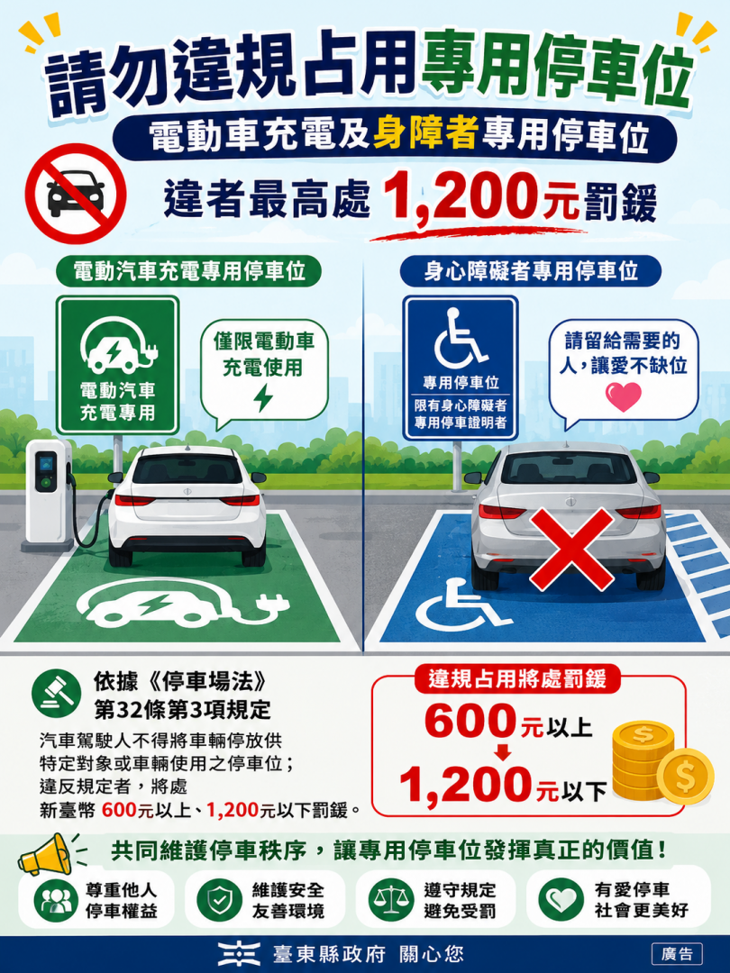請勿違規占用電動車充電及身障者專用停車位　違者最高處1,200元罰鍰缩略图