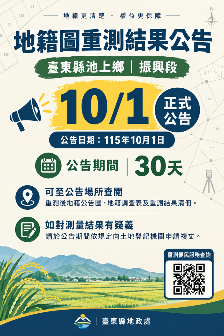 臺東池上鄉振興段地籍圖重測結果10/1公告   地主有異議可提複丈申請缩略图