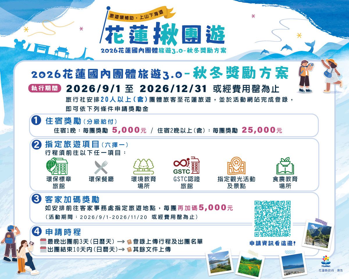 花蓮團體旅遊3.0客家加碼延長至11月20日    邀旅行社揪團遊花蓮缩略图